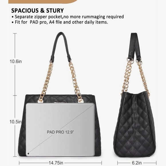 Montana West Quilted Black Tote with Gold Chain - Picture 5 of 5